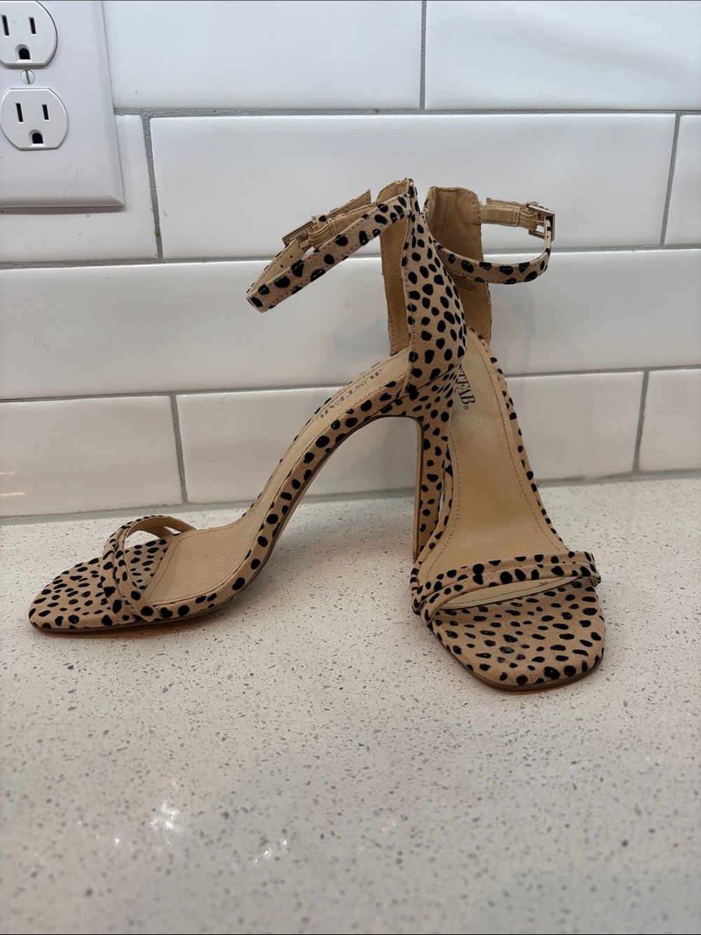JustFab Beige and Black Leopard Ankle-Strap Heels - Picture 2 of 2